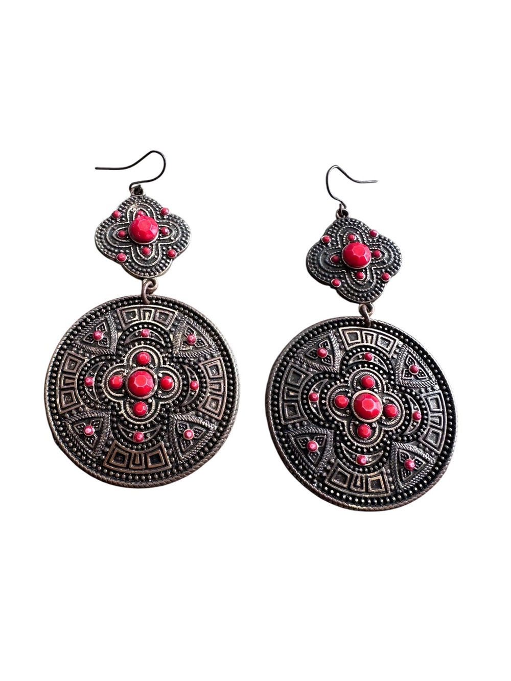 Vintage Gold and Red Beaded Medallion Drop Sryle Earrings